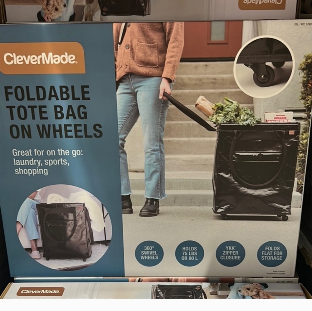 NIB CleverMade Foldable Tote Bag on Wheels - Black, New